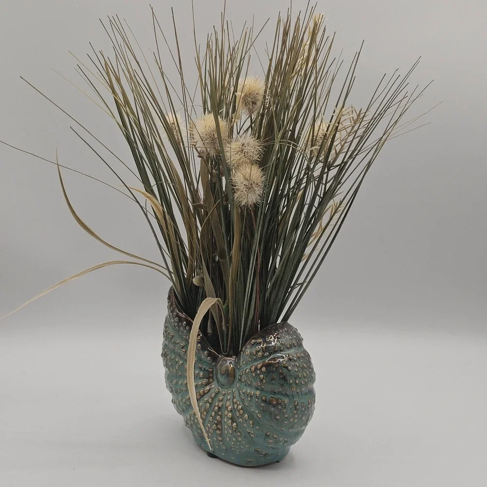 Nautilus Shell Ceramic Vase Teal Blue‎ Faux Grass Floral Arrangement Coastal